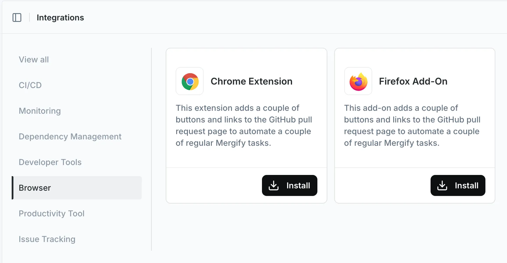 The Browser category of the Mergify Integrations page, with the Chrome Extension and Firefox Add-On cards